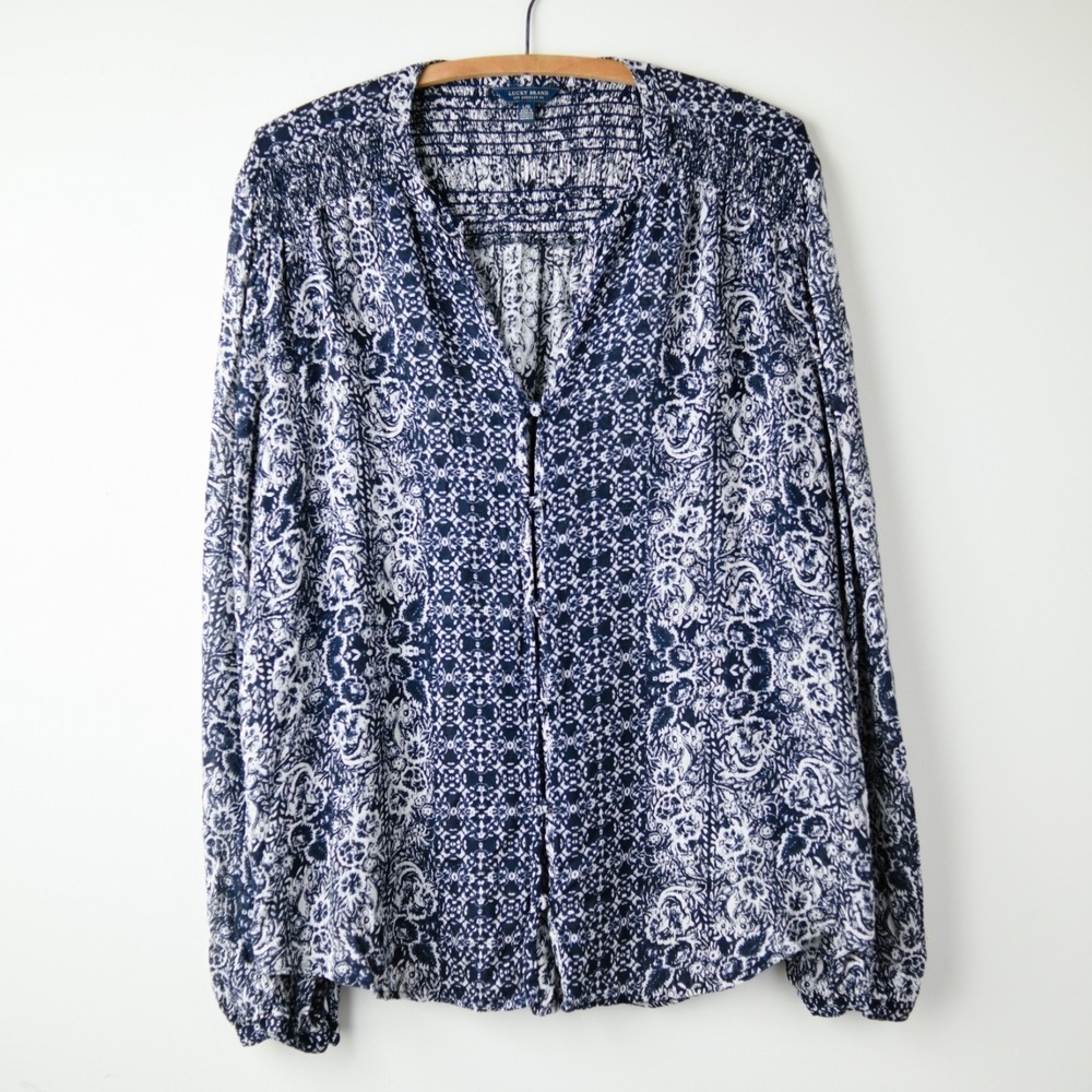 Lucky Brand Peasant Floral Top‎ Womens Large Navy White Boho Cottagecore Coastal